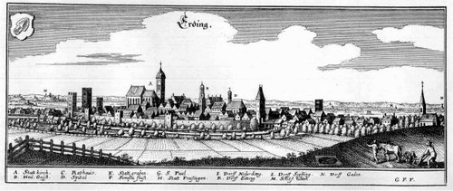 Erding, Germany, by Matthäus Merian 1685 (from Wikimedia Commons / Public Domain)