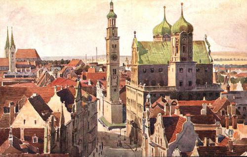 Ansichtskarte von Augsburg, Rathaus und Perlachturm -- Author: Josef Marschall (1887–1917) / commons.wikimedia.org / This work is in the public domain in its country of origin and other countries and areas where the copyright term is the author's life plus 70 years or less.